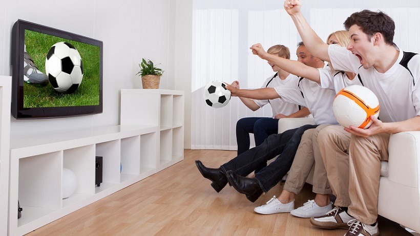 Jubilant family watching television as they cheer on their home side in a sporting competition; Shutterstock ID 112822024; PO: aol; Job: production; Client: drone