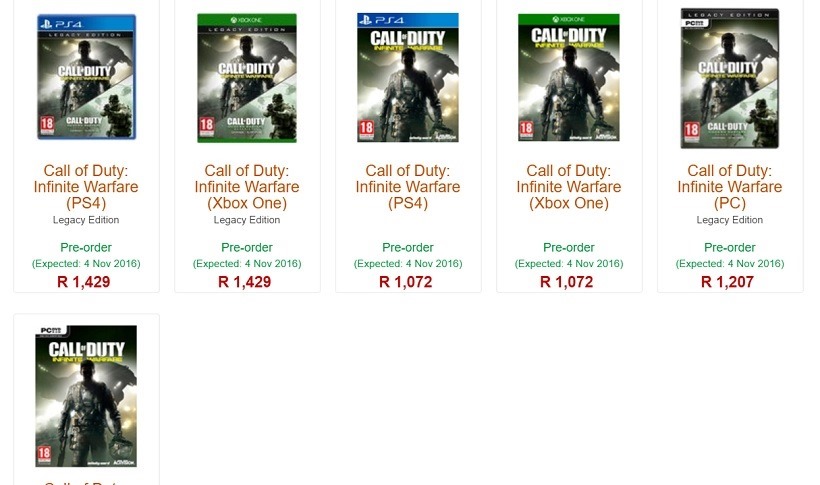 Call of Duty Infinite Warfare Retail Prices