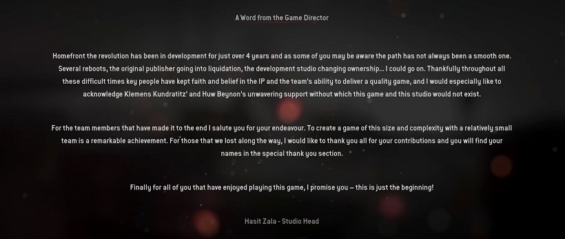 Homefront The Revolution credits message