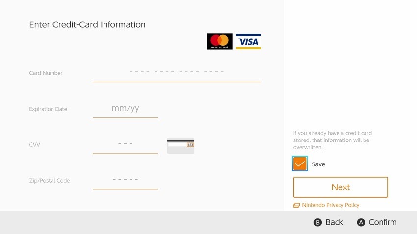 Nintendo allows storing of credit card information on Switch