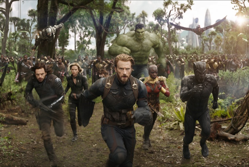 Marvel Studios' AVENGERS: INFINITY WAR..L to R: War Machine (Don Cheadle), Winter Soldier/Bucky Barnes (Sebastian Stan), Black Widow/Natasha Romanoff (Scarlet Johansson), Captain America/Steve Rogers (Chris Evans), Hulk (Mark Ruffalo), Okoye (Danai Gurira), Falcon (Anthony Mackie) and Black Panther/T'Challa (Chadwick Boseman)..Photo: Film Frame..©Marvel Studios 2018