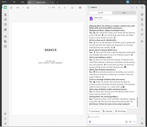 generating a 60 second barbie movie script in updf ai