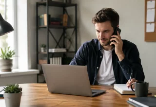 Solo founder managing customer calls from a home office