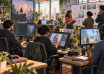 Game industry professionals programming, creating character art and testing a game in a shared studio.