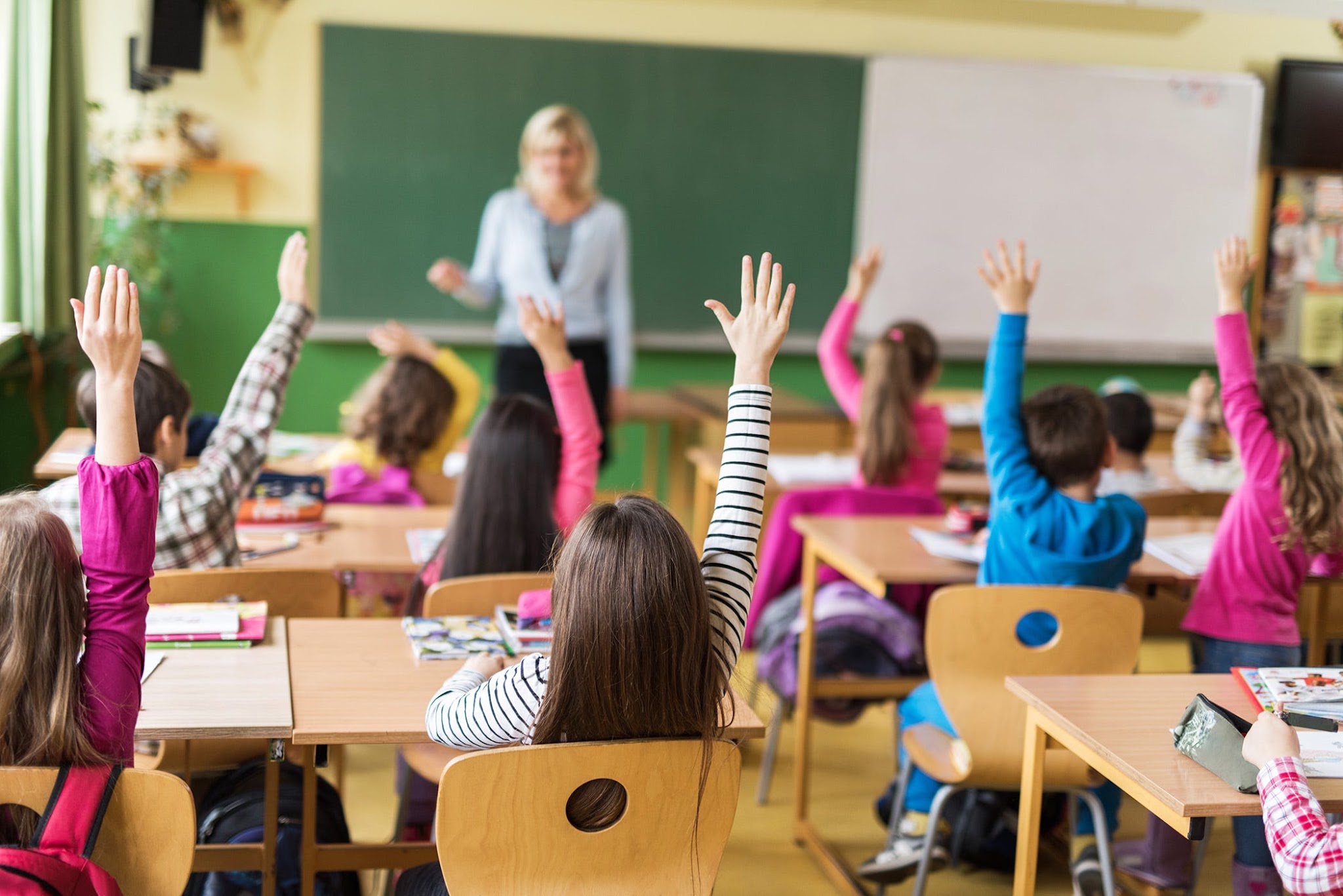 Children raising their hands during a classroom lesson