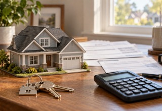 Model house, calculator and keys beside property assessment paperwork