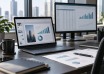 Laptop showing financial presentation slides beside a spreadsheet monitor and printed reports.