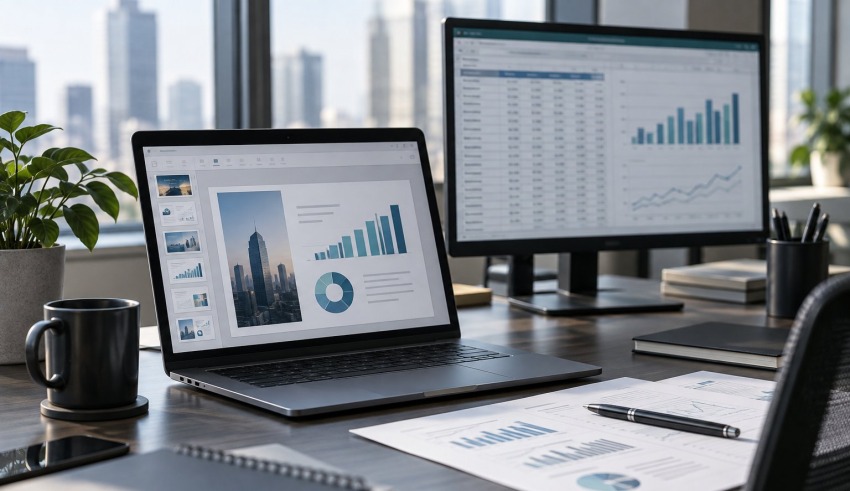 Laptop showing financial presentation slides beside a spreadsheet monitor and printed reports.