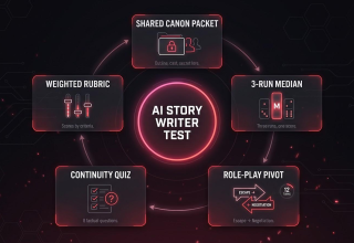 AI story writer test showing a shared canon packet, three-run median, role-play pivot, continuity quiz and weighted rubric.