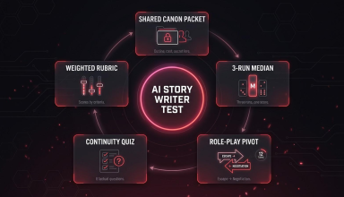 AI story writer test showing a shared canon packet, three-run median, role-play pivot, continuity quiz and weighted rubric.
