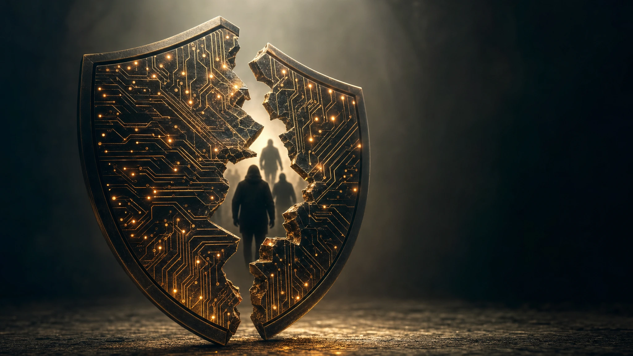 Broken digital anti-cheat shield with gaming silhouettes