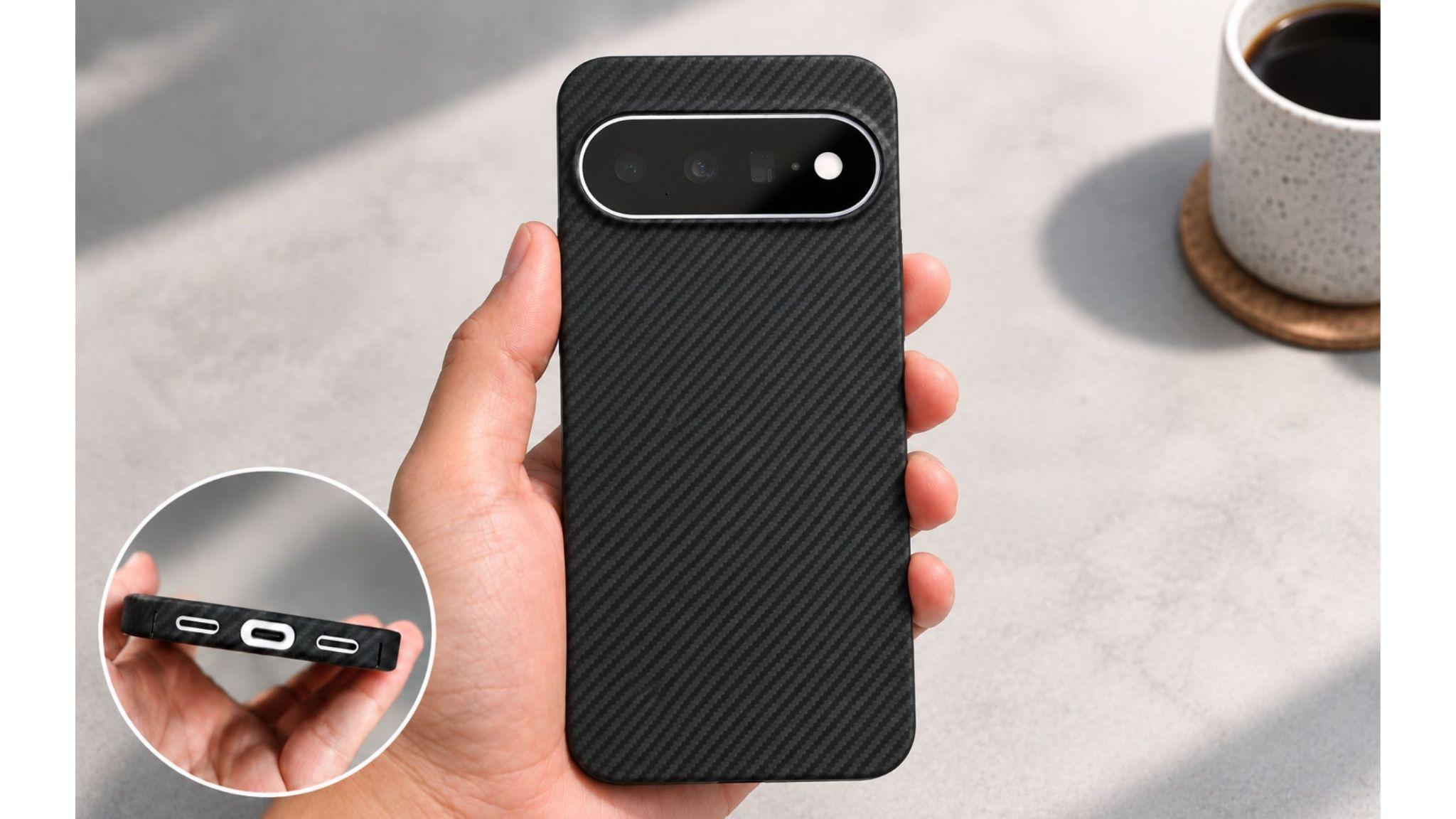Black woven phone case with a close-up of the bottom port cutouts