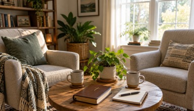Two armchairs beside a table with mugs, a notebook and a book bearing a cross.