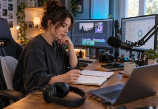 Digital creator reviewing a budget notebook beside a laptop, monitors and streaming equipment.