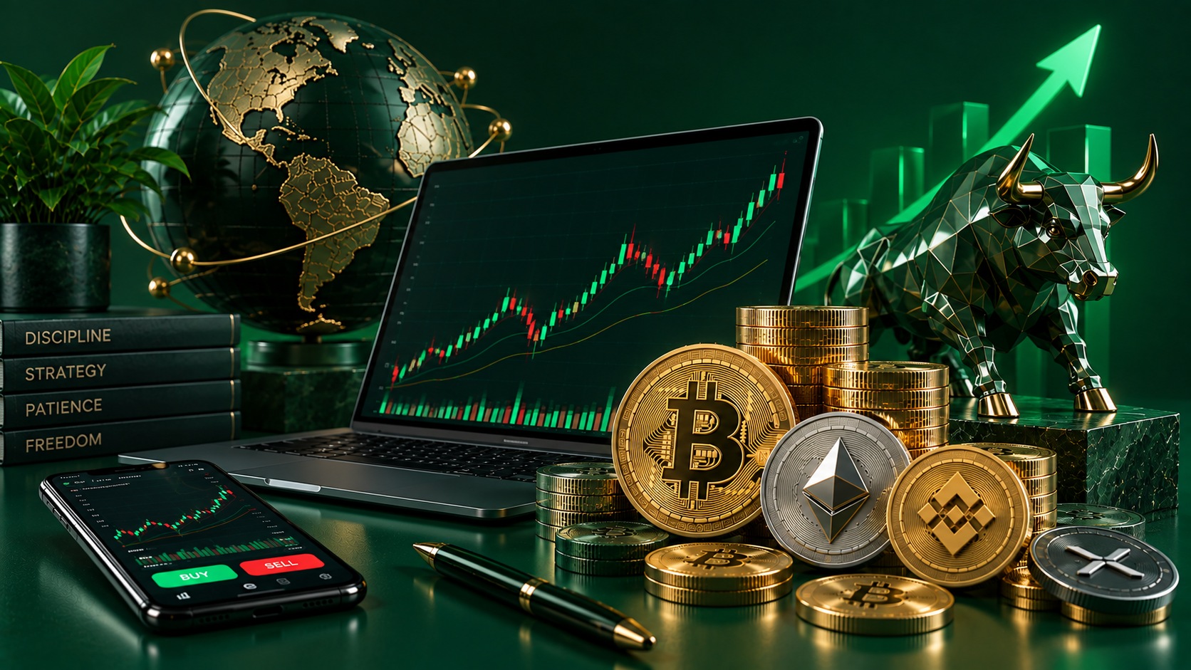 Cryptocurrency market illustration with Bitcoin and Ether coins, trading screens, a globe and a bull