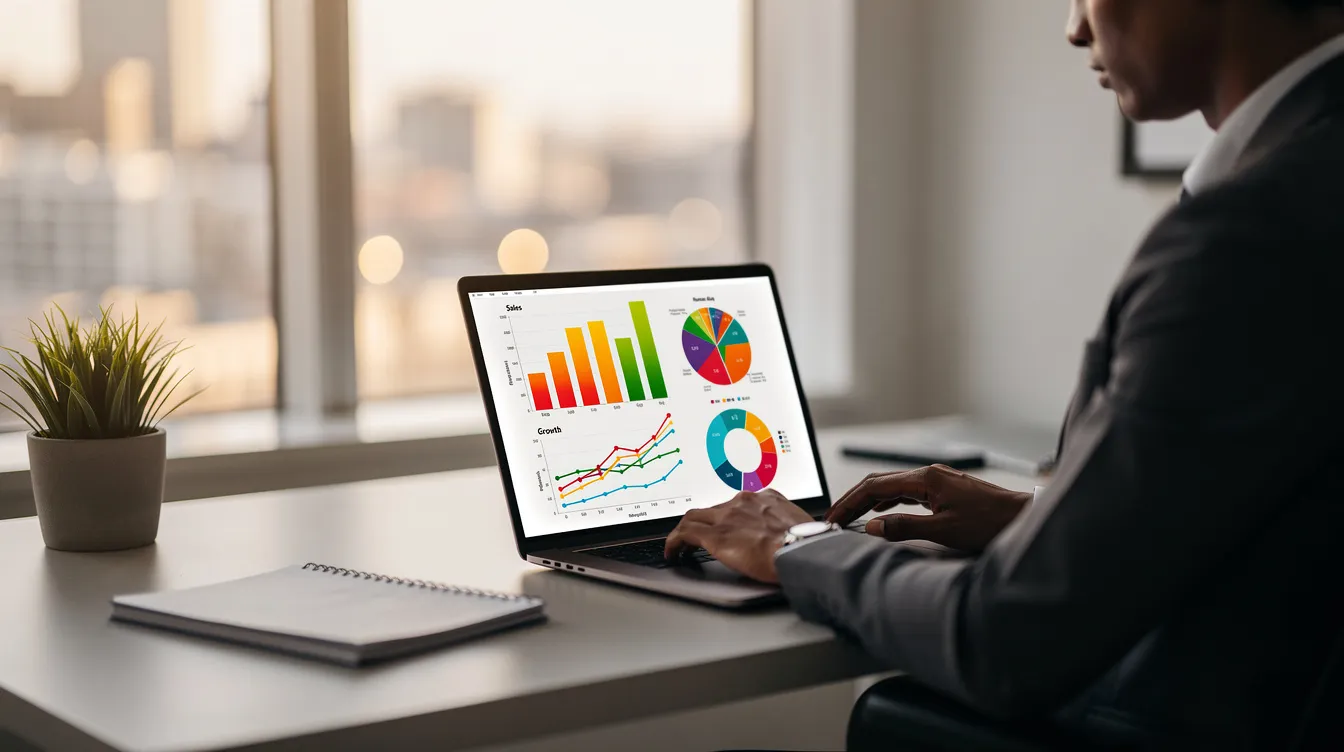 Person reviewing charts and reports on a laptop