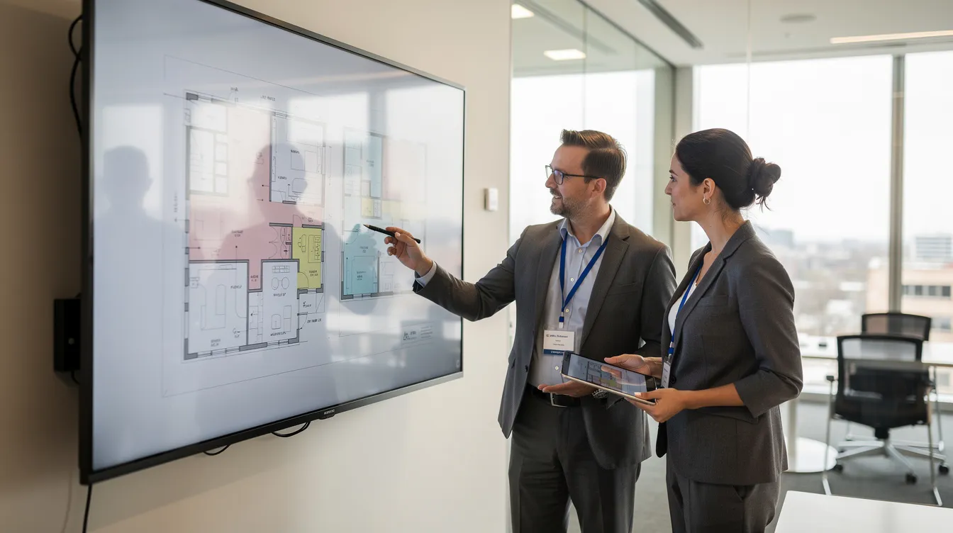 Two staff members reviewing a floor plan on a large digital display