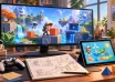 Concept illustration of an educational puzzle game on a monitor and tablet beside level-design sketches