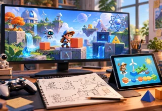 Concept illustration of an educational puzzle game on a monitor and tablet beside level-design sketches