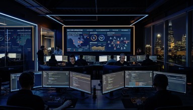 Security operations team monitoring endpoint activity across workstations