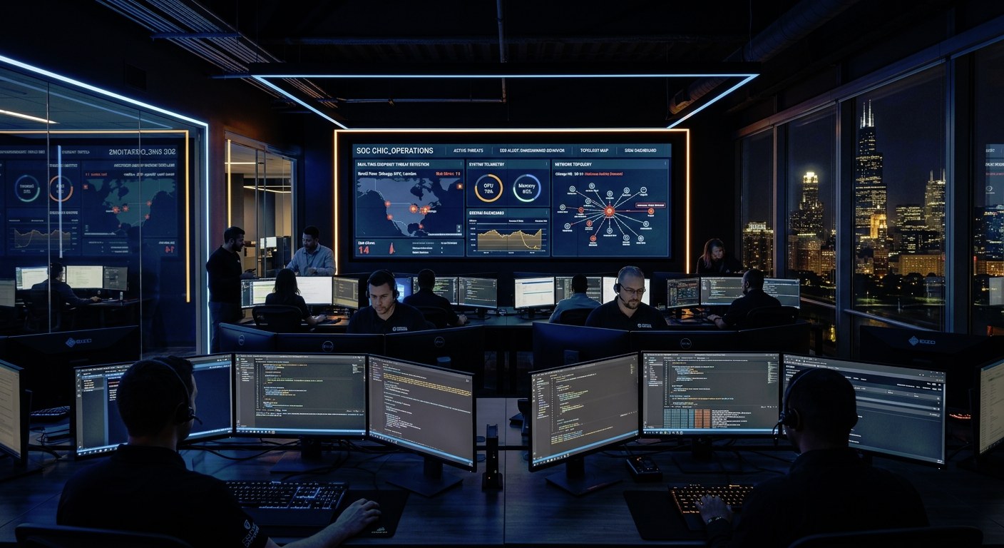 Security operations team monitoring endpoint activity across workstations
