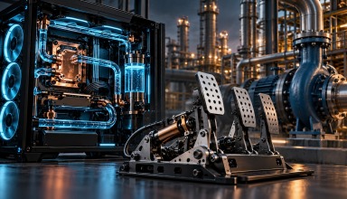Illustration of a water-cooled gaming PC, sim racing pedals and an industrial pump.