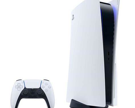 White PlayStation 5 console with a DualSense controller