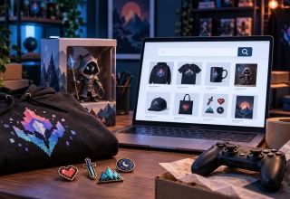 Gaming merchandise beside a laptop displaying an online shop, with a hoodie, collectible figure, pins and controller.