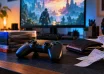 Game controller, stacked game cases, wallet and receipts on a gaming desk.