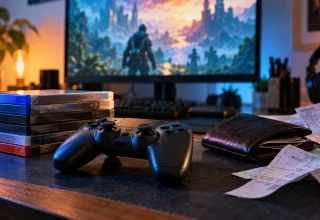 Game controller, stacked game cases, wallet and receipts on a gaming desk.