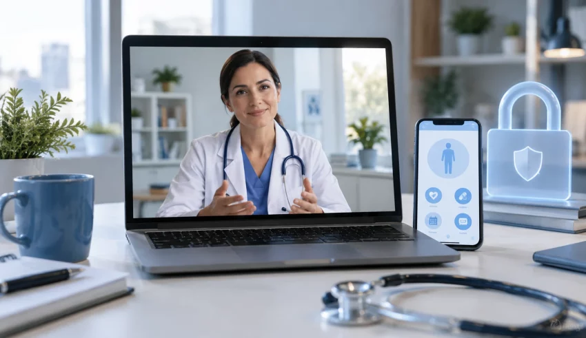 Doctor on a laptop video consultation beside a smartphone and a padlock symbol