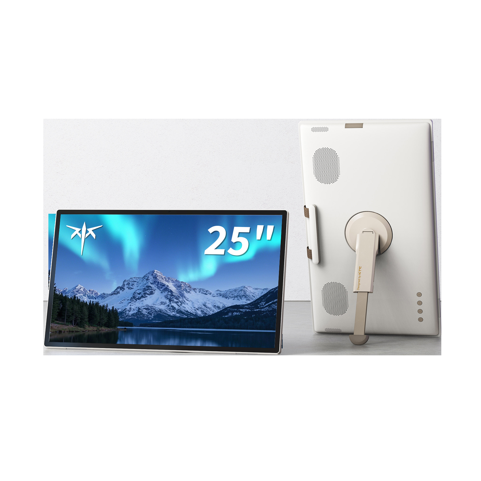 Front and rear views of a KTC 25-inch portable touch display with its built-in stand
