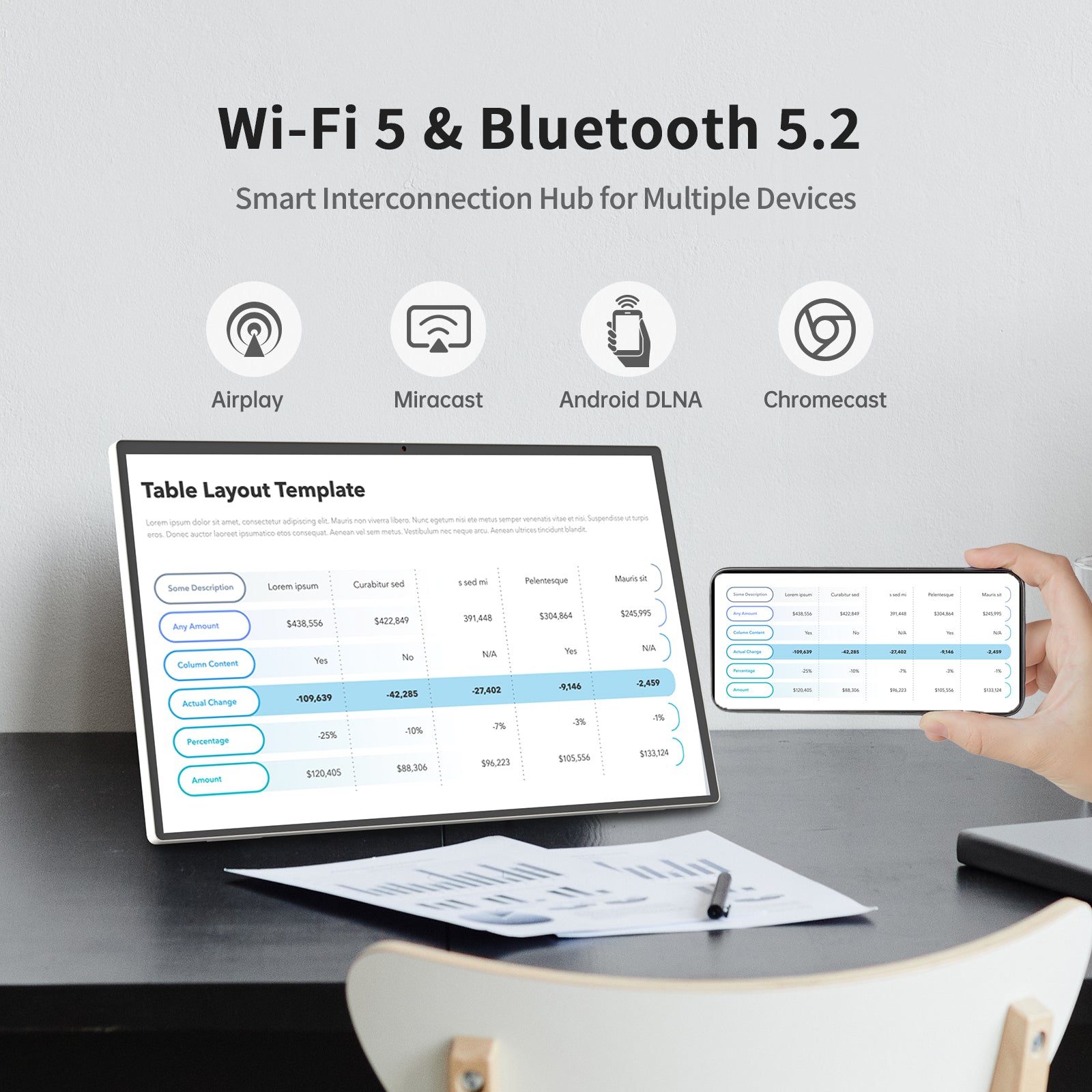 KTC mobile touch display showing a table mirrored from a phone, with wireless connectivity features above