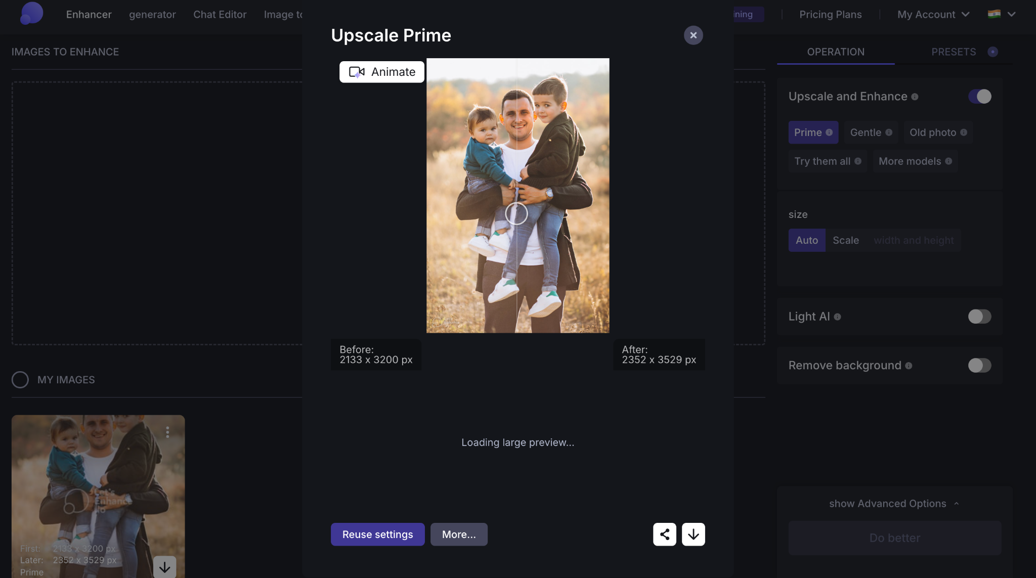 Let's Enhance showing a family portrait before and after image upscaling