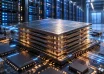 Concept illustration of stacked memory chips on a circuit board with AI data centre servers behind them.