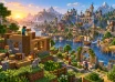 Block-style builders create a cabin and a larger riverside town.