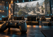 Illustration of a controller in front of an esports arena and a tactical game screen