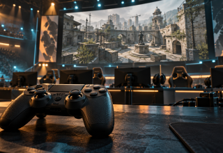 Illustration of a controller in front of an esports arena and a tactical game screen
