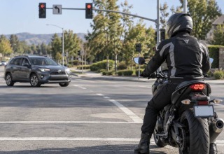 Motorcyclist in protective gear waiting at an intersection as a car turns nearby
