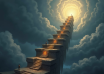 Adventurers climb a floating stone staircase towards a glowing summit, illustrating Mythic+ progression.