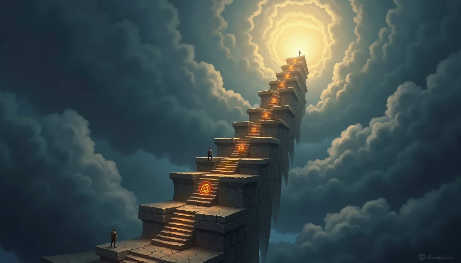Adventurers climb a floating stone staircase towards a glowing summit, illustrating Mythic+ progression.