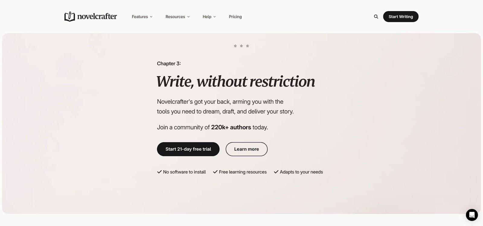 Novelcrafter writing platform homepage with its Write, without restriction message.