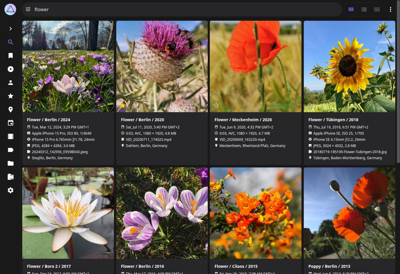 PhotoPrism interface displaying flower search results with dates, camera information and locations.