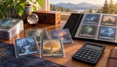 Illustrative trading cards in protective sleeves beside a card binder and calculator on a collector’s desk.