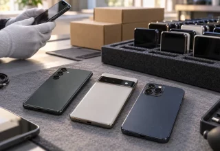 Refurbished smartphones on a testing bench beside a tray of devices prepared for business use