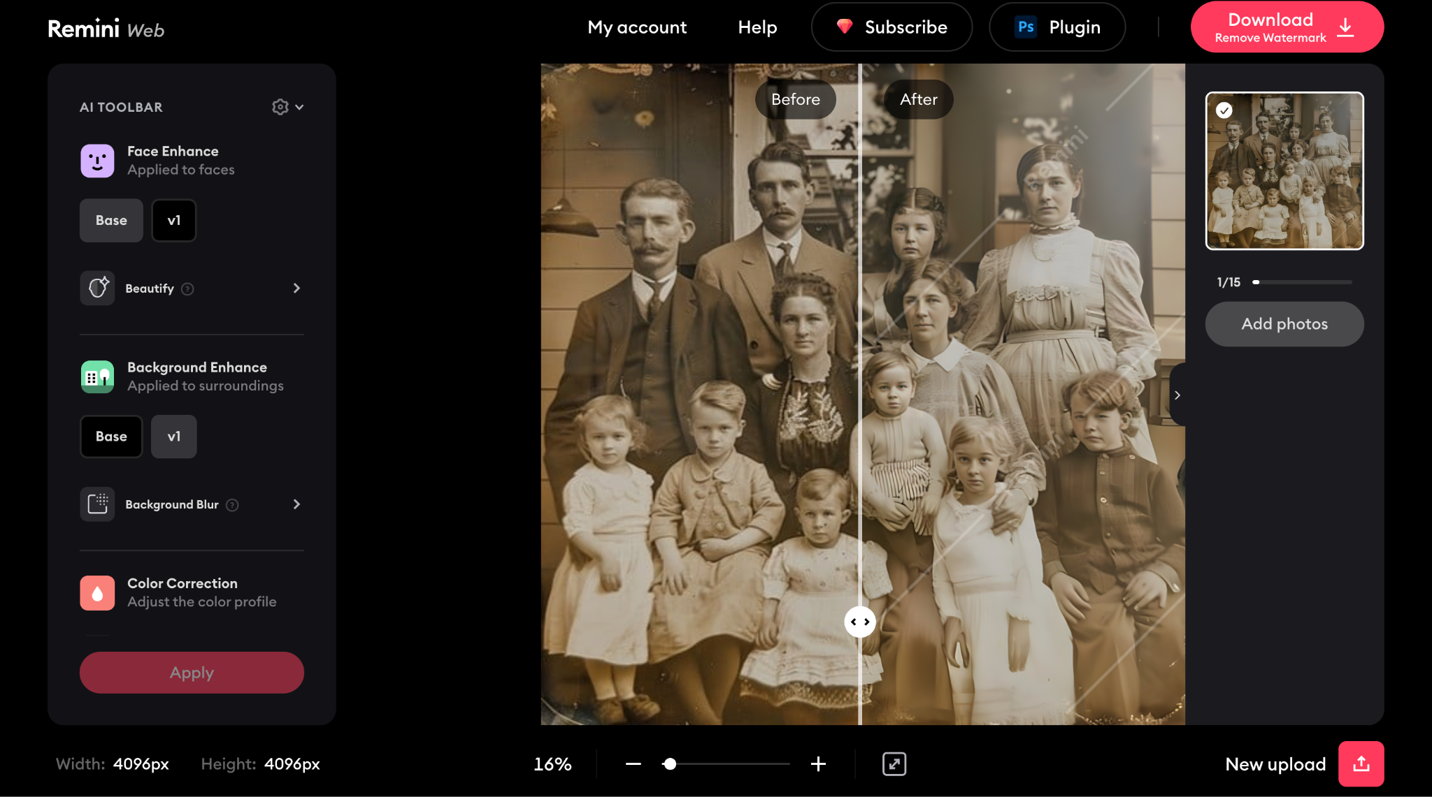 Remini showing an old family photograph before and after enhancement