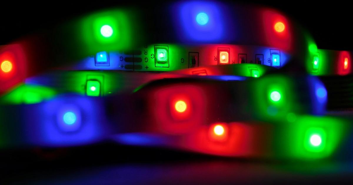 Close-up of an RGB LED strip glowing red, green and blue