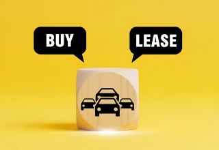 Buy or lease choices above car symbols on a yellow background