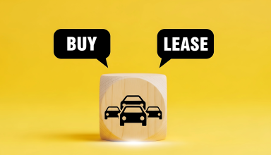 Buy or lease choices above car symbols on a yellow background