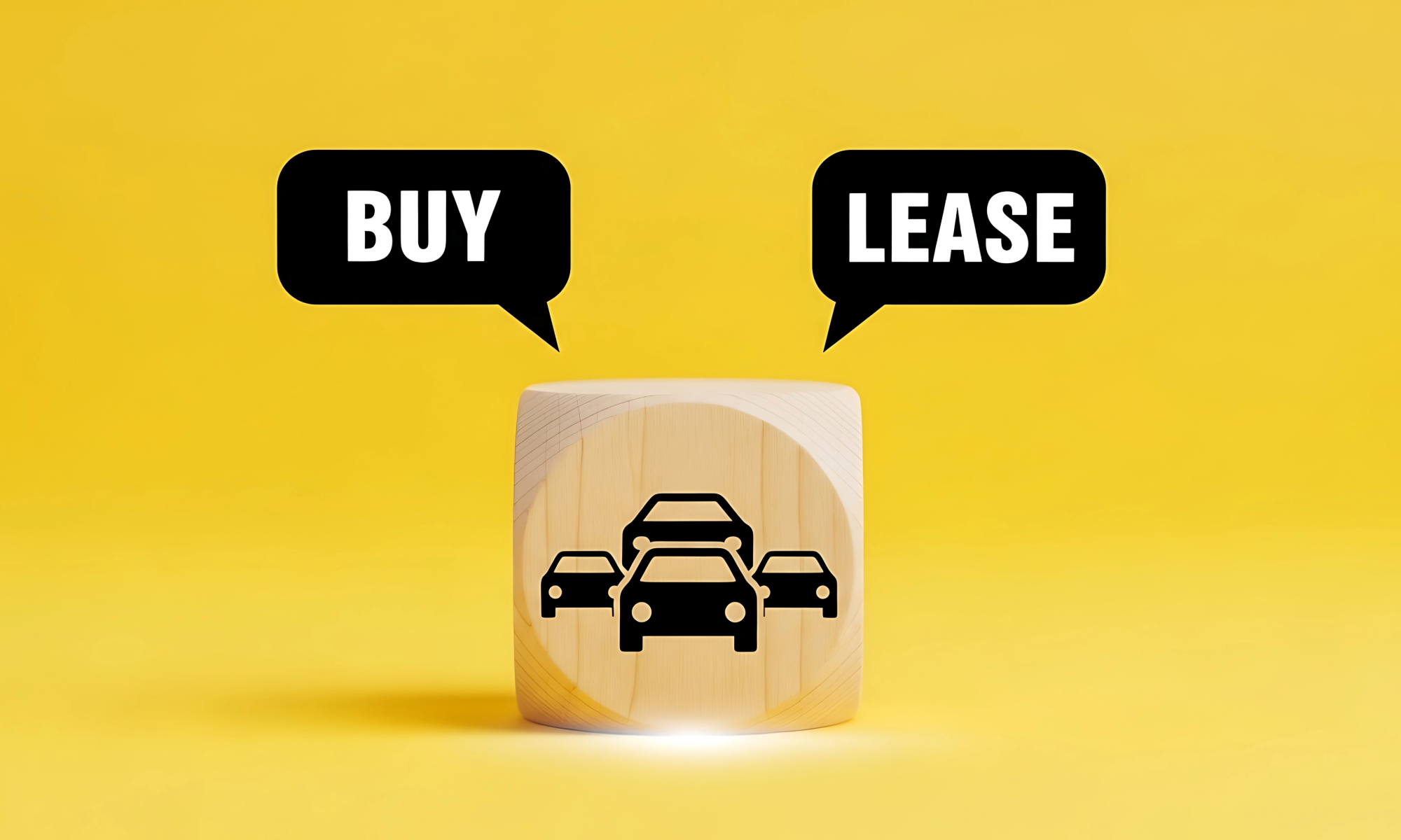 Buy or lease choices above car symbols on a yellow background